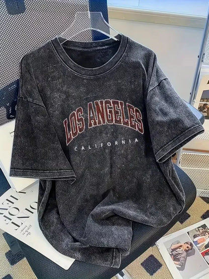 Vintage Washed Los Angeles Arch Letter Graphic T-Shirt, Retro USA City Casual Washed Black Crew Neck Short Sleeve Women's Top