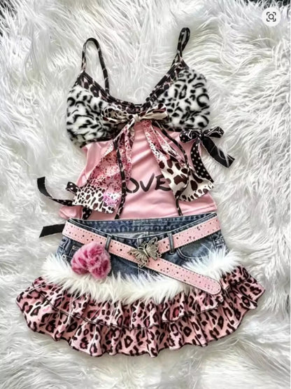 2000s American Vintage Sexy Leopard Camis Y2k Harajuku Slim Lace Patchwork Tanks Summer Streetwear Beach Party Sleeveless Tops