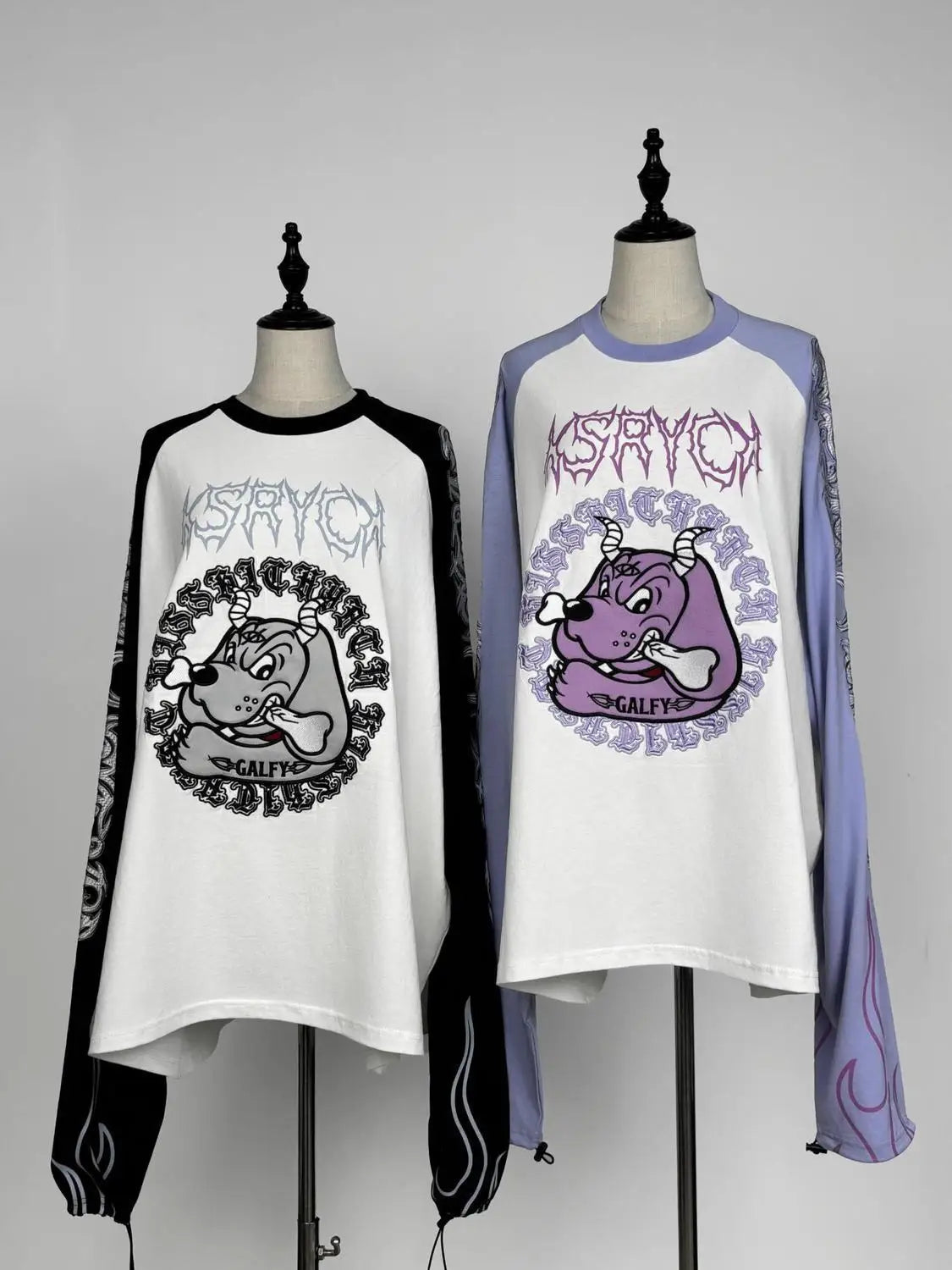 Japanese Harajuku Streetwear Co-branded Subculture Tattoo Embroidery Flame Long Sleeve Oversized Sleeve T-Shirt