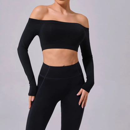 Fashion Long Sleeve Slash Neck Sports Top Women Crop Top for Fitness Yoga Wear Fashion Sports Short T-shirt Gym Workout Shirt