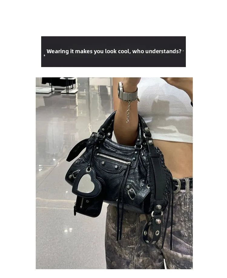 Neo Motorcycle Bag Handheld Rivet Head Layered Oil Wax Cowhide Crossbody Women's Bag Cool And Spicy Girl Retro Style Tote Bag