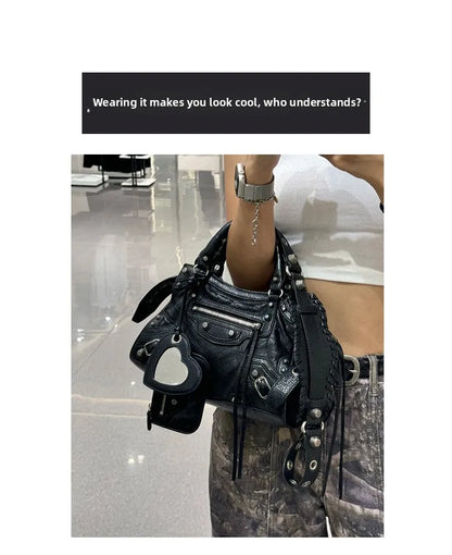 Neo Motorcycle Bag Handheld Rivet Head Layered Oil Wax Cowhide Crossbody Women's Bag Cool And Spicy Girl Retro Style Tote Bag