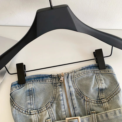 SINGREINY Vintage Denim Strapless Camis Backless Irregular Raw Hem Slim Distressed Crop Top Ladies Sashes Sexy Club Lingerie Top