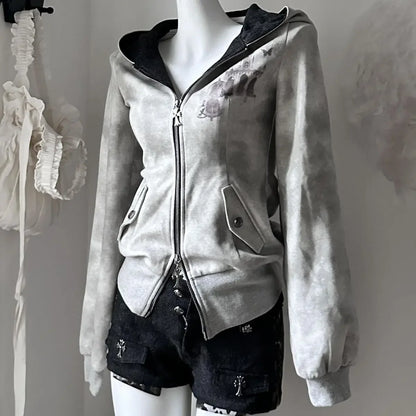 Y2k Aesthetic Vintage Printing Pocket Hoodies Gothic Fairy Grunge Hooded Jackets Autumn Women Double Zippers Punk Sweatshirt