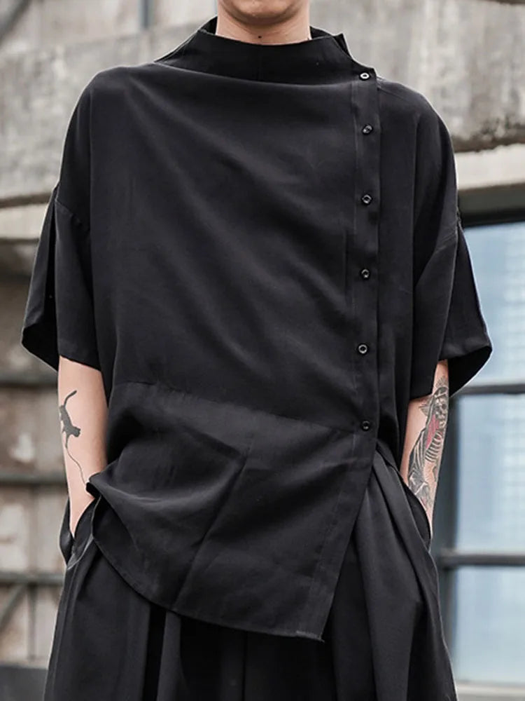 Japanese Stylish Retro Harajuku Button Blouses Men's Five-point Sleeve Small Stand Collar Loose Large Size Korean Shirt