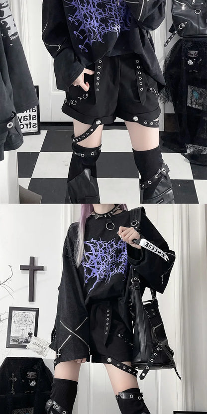 Original Print Subculture Dark Loose Long Sleeve Pure Cotton T-Shirt Japanese Punk Gothic Long Sleeve Round Neck Cool Girl Top