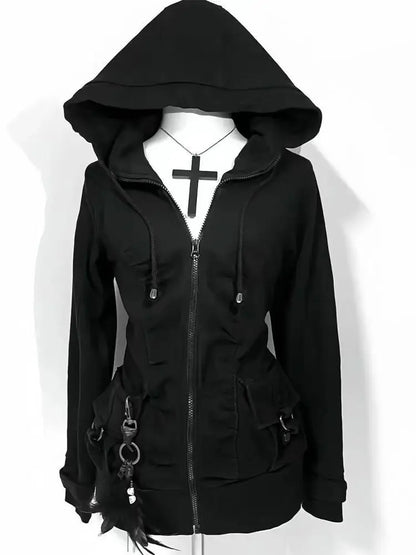 Black Fashion New Trend Women Casual Hoodie Retro Gothic Sweatshirts Hip Hop Punk Style Multifunctional High Street Cardigan