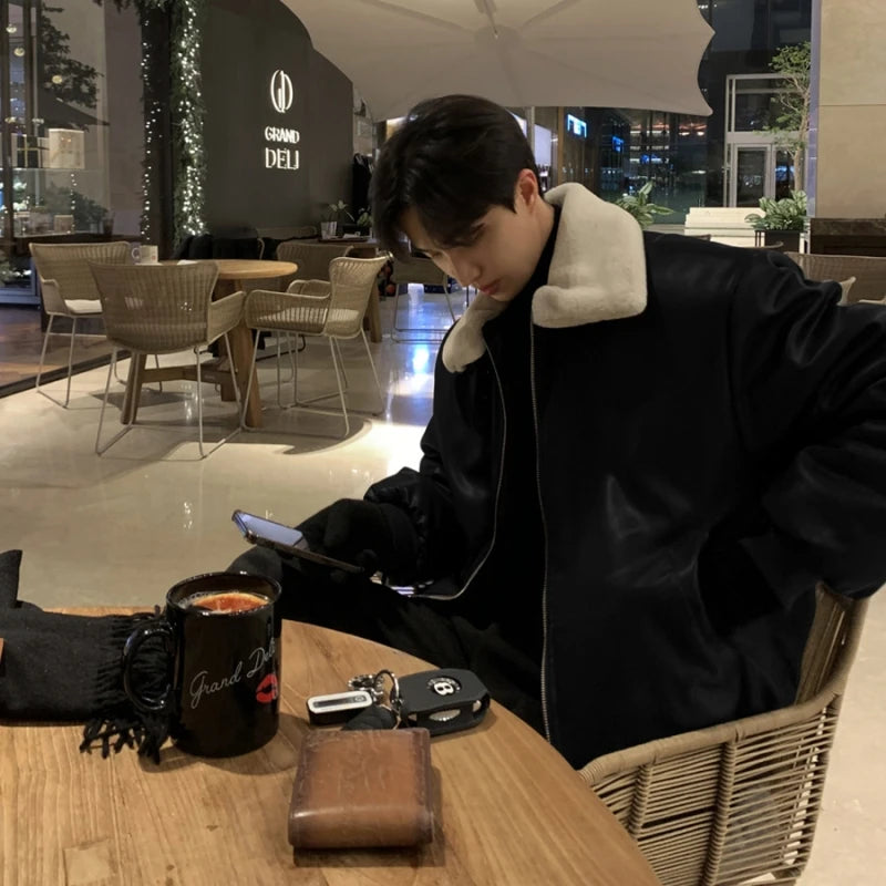 Winter Jacket Men Warm Fashion Casual Thickened Leather Jacket Men Streetwear Korean Loose Short Coat Mens Thick Leather Coat