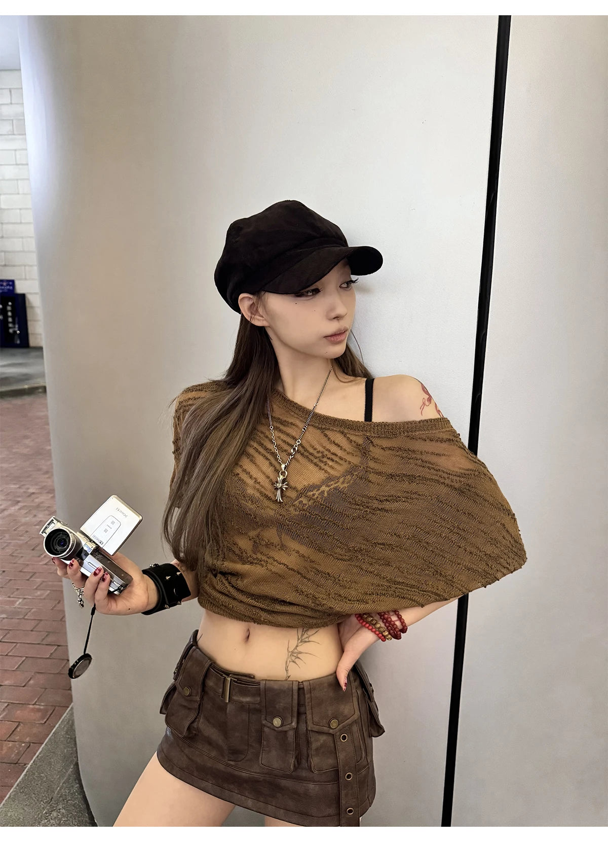 Lautaro Spring Summer Cool Sexy Vintage Distressed Brown Pu Leather Mini Skirt Women Three-dimensional Pockets Belt Streetwear
