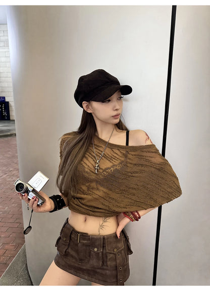 Lautaro Spring Summer Cool Sexy Vintage Distressed Brown Pu Leather Mini Skirt Women Three-dimensional Pockets Belt Streetwear