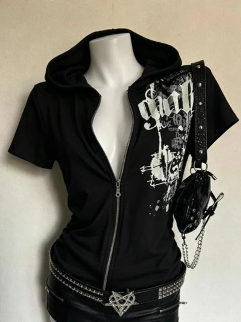 Women's Subculture Skull Print Fake Two-Piece T-Shirt Summer Gothic Slim Fit Halter Tops Y2K Harajuku Grunge Punk Fashion Tees