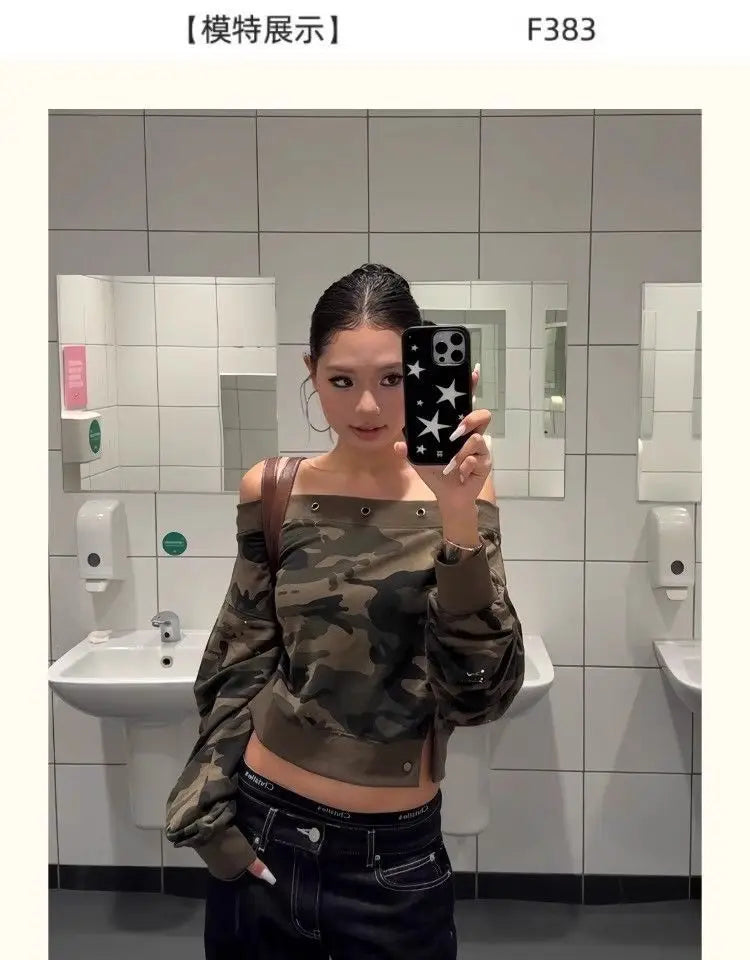 Camouflage Off Shoulder Long Sleeve Sweatshirt For Women Autumn Sexy Personality Design Slim Fit One Character Shape Short Tops