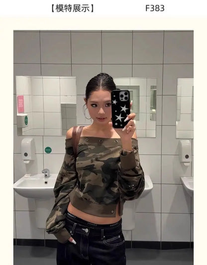 Camouflage Off Shoulder Long Sleeve Sweatshirt For Women Autumn Sexy Personality Design Slim Fit One Character Shape Short Tops