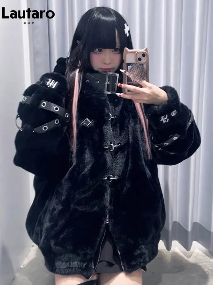 Lautaro Autumn Winter Thick Warm Faux Fur Coat Women with Hood Zipper Luxury Japanese Style Punk Harajuku Fluffy Jacket 2026