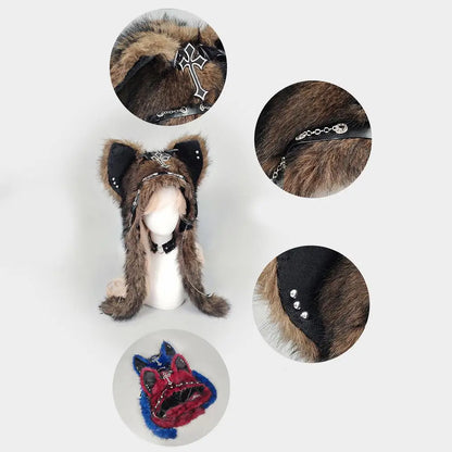Winter Plush Beanie Hats Punk Wolf Furry Ear Protection Outdoor Windproof Caps Couples Headwear Gothic Dark Fursuit Cosplay Prop