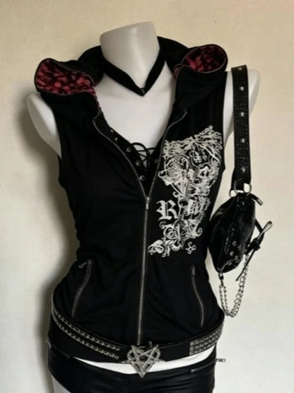 Women's Subculture Skull Print Fake Two-Piece T-Shirt Summer Gothic Slim Fit Halter Tops Y2K Harajuku Grunge Punk Fashion Tees