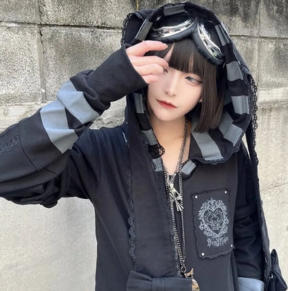 Japanese Harajuku Style Bow Sweet Cool Long-Ear Hooded Lace Trim Color-Block Zipper Long Cardigan Coat Gothic Hoodie Jacket