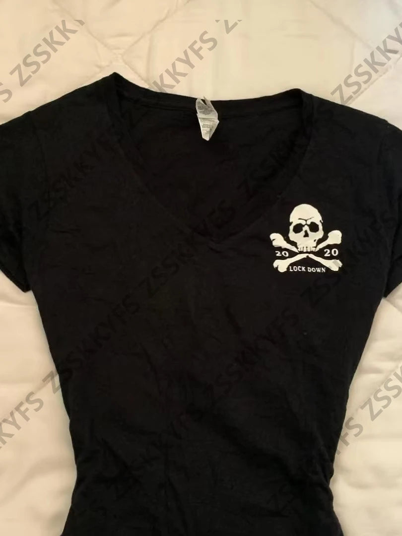 Gothic Skull Print Hot Girl Woman Clothes 2000s T shirt Y2k Summer Harajuku Kawaii Short-sleeved V-neck Tees Sexy Streetwear emo