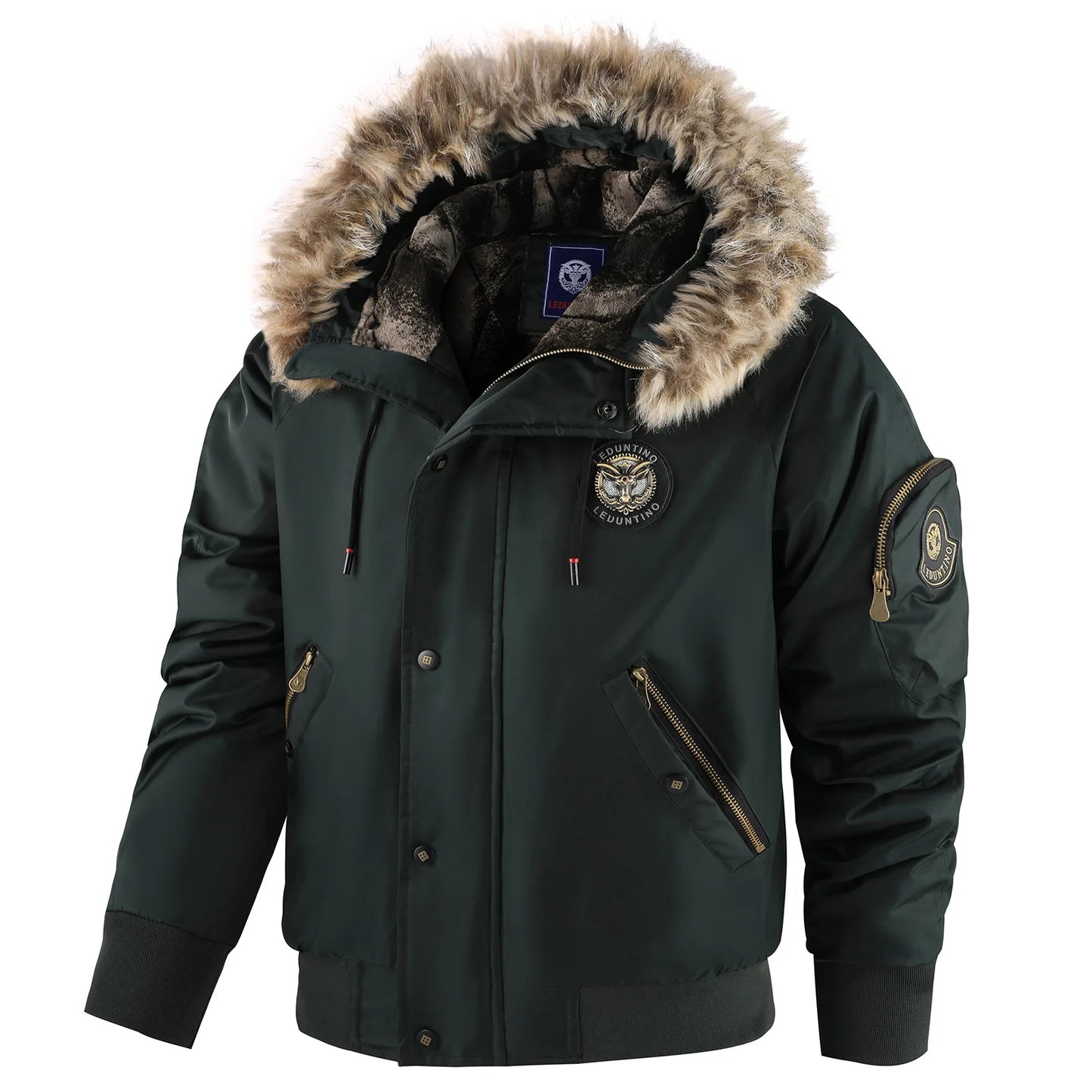 Men's Winter Warm, Hooded Jacket with Raw Edge, Lined Aviator Jacket, Embroidered Badge Design, Windproof and Waterproof Jacket