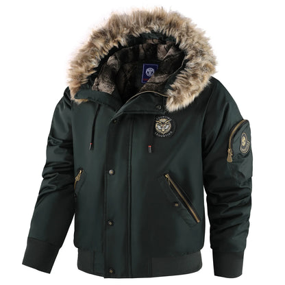 Men's Winter Warm, Hooded Jacket with Raw Edge, Lined Aviator Jacket, Embroidered Badge Design, Windproof and Waterproof Jacket