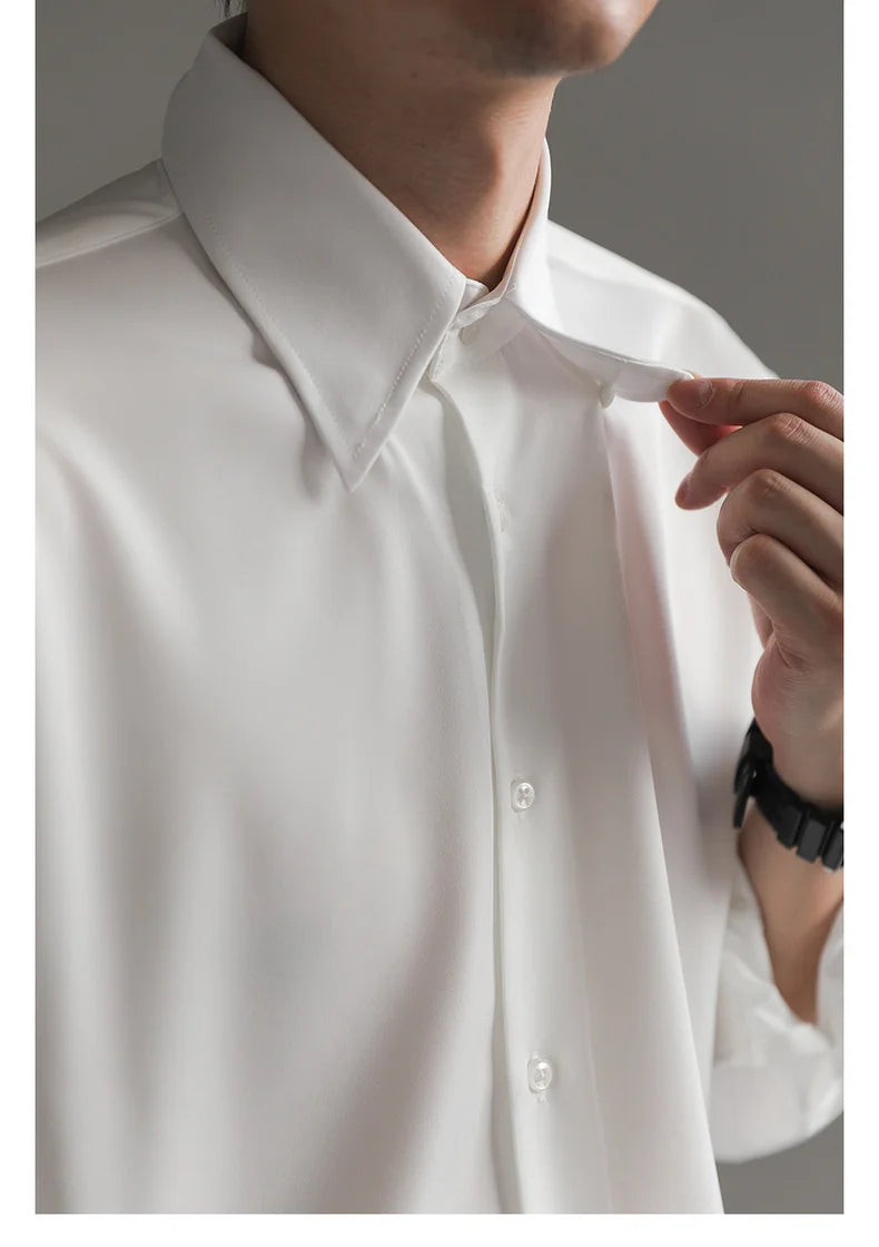 Black White Shirt Men Fashion Social Mens Dress Shirt Korean Loose Long Sleeved Shirt Mens Office Formal Shirts Ice Silk M-2XL