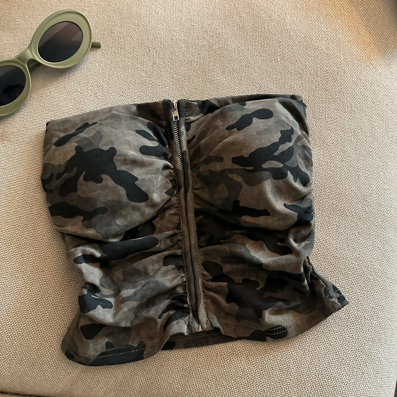 Sexy American Girl Camouflage Print Tube Top Vest Women's Summer Zipper Open Cardigan Shoulder Bared Short Style Top