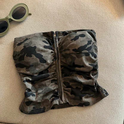 Sexy American Girl Camouflage Print Tube Top Vest Women's Summer Zipper Open Cardigan Shoulder Bared Short Style Top