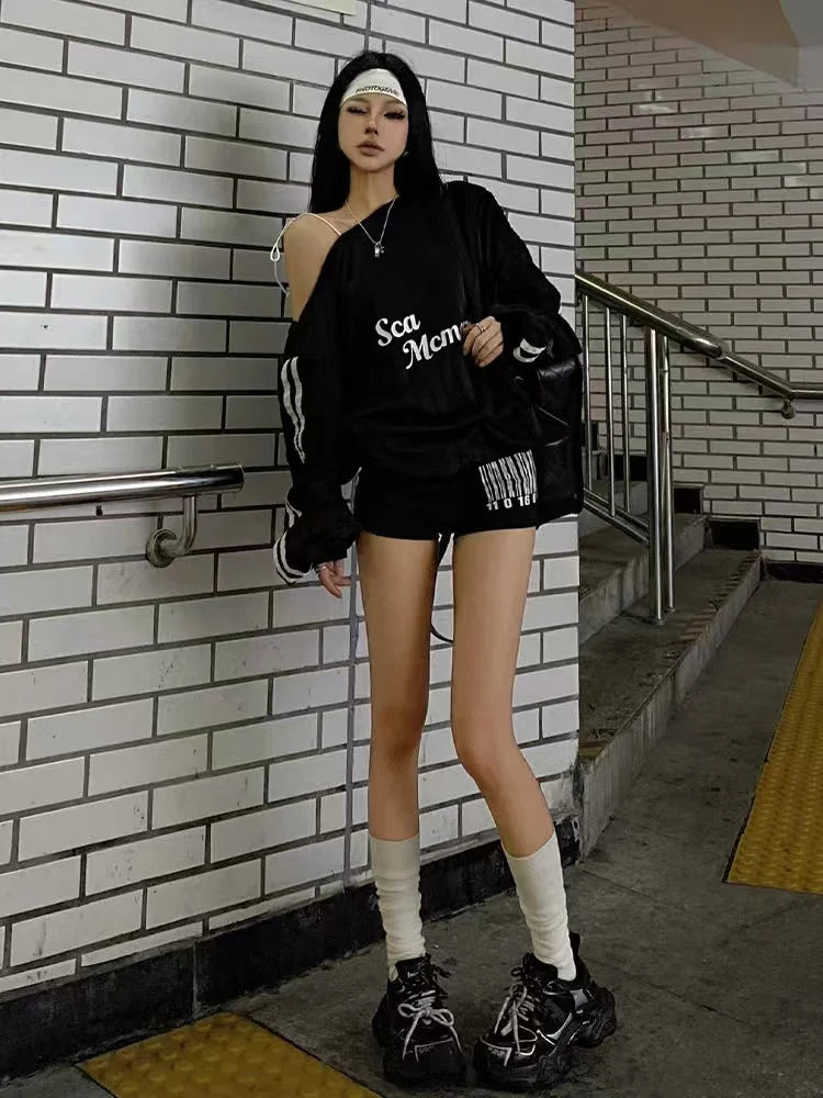 Spring and winter new American oblique shoulder long sleeve printed letter hoodie loose casual spice girls shirt T-shirt women