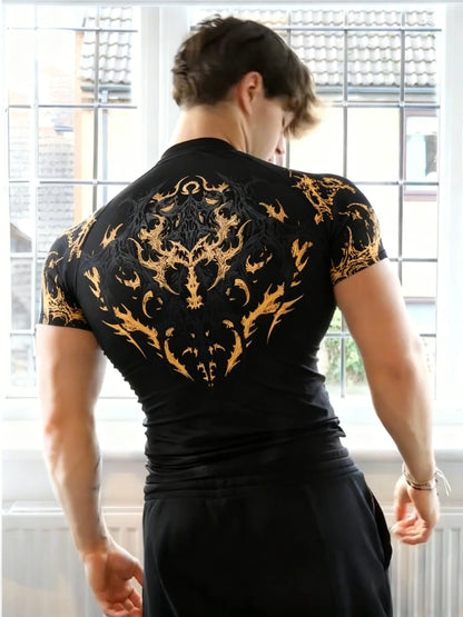 Men'S Athletic Fitness T-Shirt, Summer Quick-Dry Compression Shirt, Stylish Gothic Print Men'S Sports Top