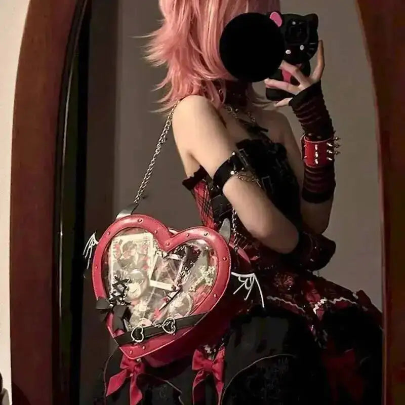 Heart Devil Wings Punk Itabags Belt Buckle Gothic Shoulder Pain Bag PU Leather Y2k Display Chain Crossbody Bag Cosplay Bag Girls