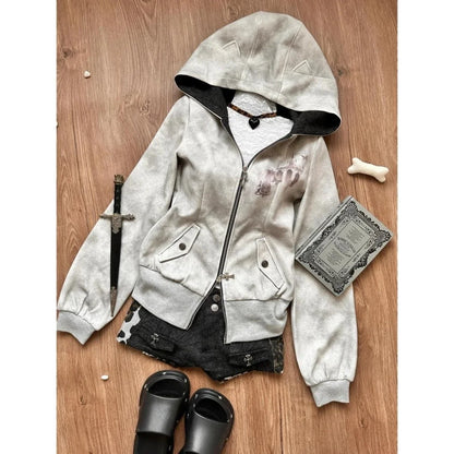 Y2k Aesthetic Vintage Printing Pocket Hoodies Gothic Fairy Grunge Hooded Jackets Autumn Women Double Zippers Punk Sweatshirt