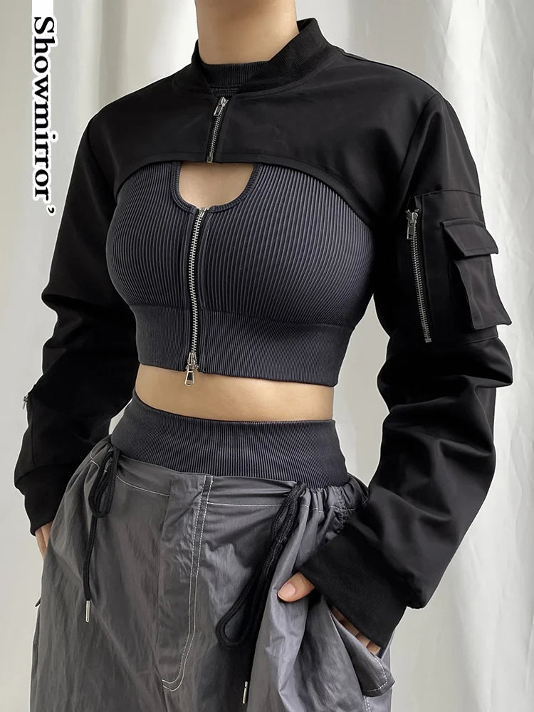 Showmirror Super-short Black Jacket Zipper Long Sleeve Harajuku Cropped - APEX RITUAL women's jackets & coats