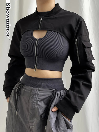 Showmirror Super-short Black Jacket Zipper Long Sleeve Harajuku Cropped - APEX RITUAL women's jackets & coats
