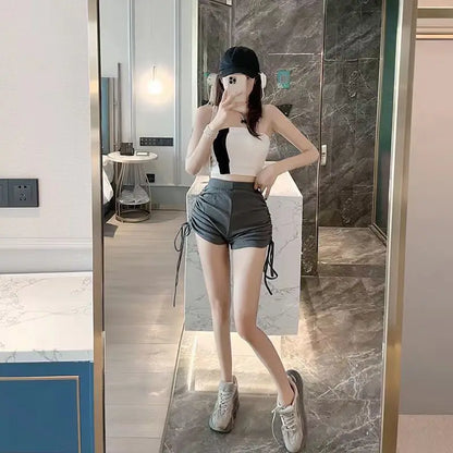 Summer Yoga Shorts Women Fitness Shorts Running Cycling Shorts Breathable Sports Edge Drawstring High Waist Workout Gym Shorts