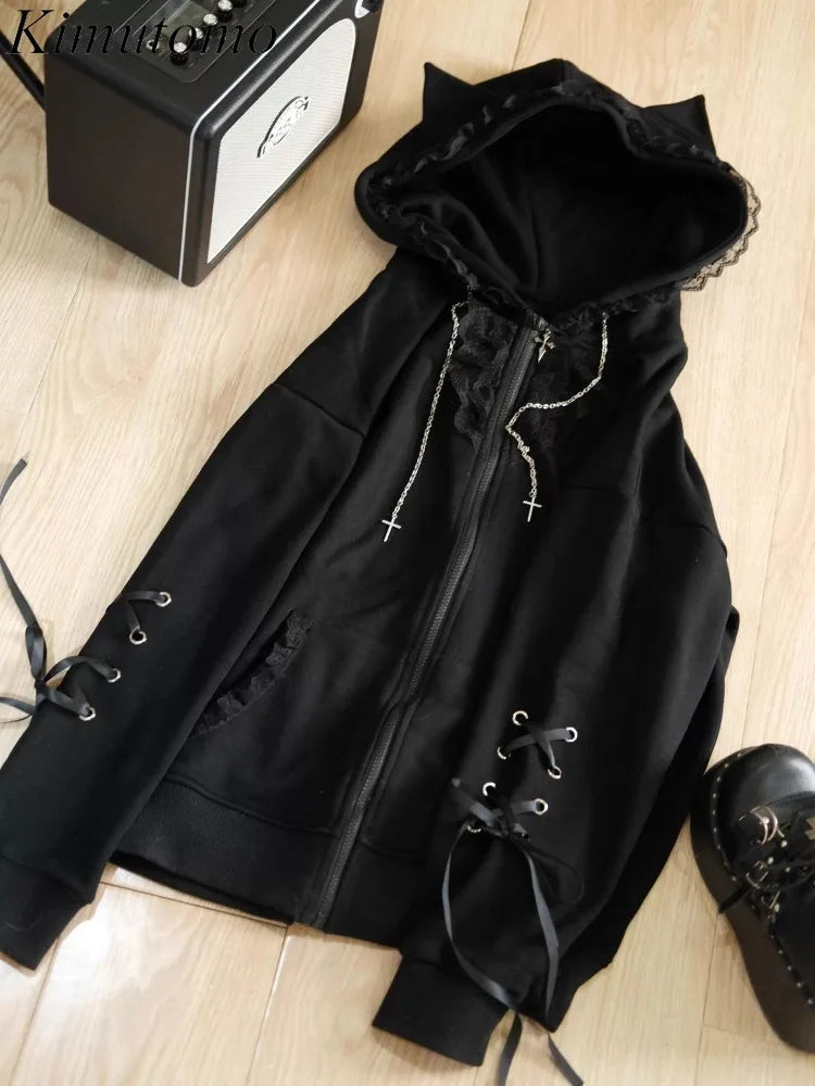 Kimutomo Hoodies Women Lace Patchwork Ribbon Cat Ears Y2k Aesthetic Gothic Grunge Sweet Outwear Loose Jackets Vintage Sweatshirt