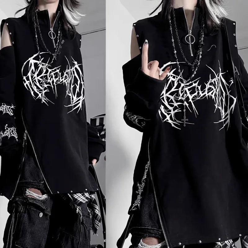 Kimotimo Punk Printed Long Sleeve T-shirt Women Harajuku Off Shoulder Zipper Stand Collar Niche Tops Vintage Gothic Loose Tees