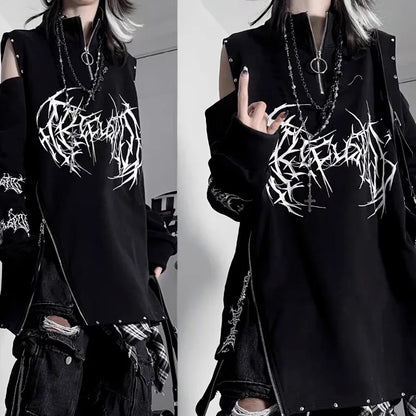 Kimotimo Punk Printed Long Sleeve T-shirt Women Harajuku Off Shoulder Zipper Stand Collar Niche Tops Vintage Gothic Loose Tees