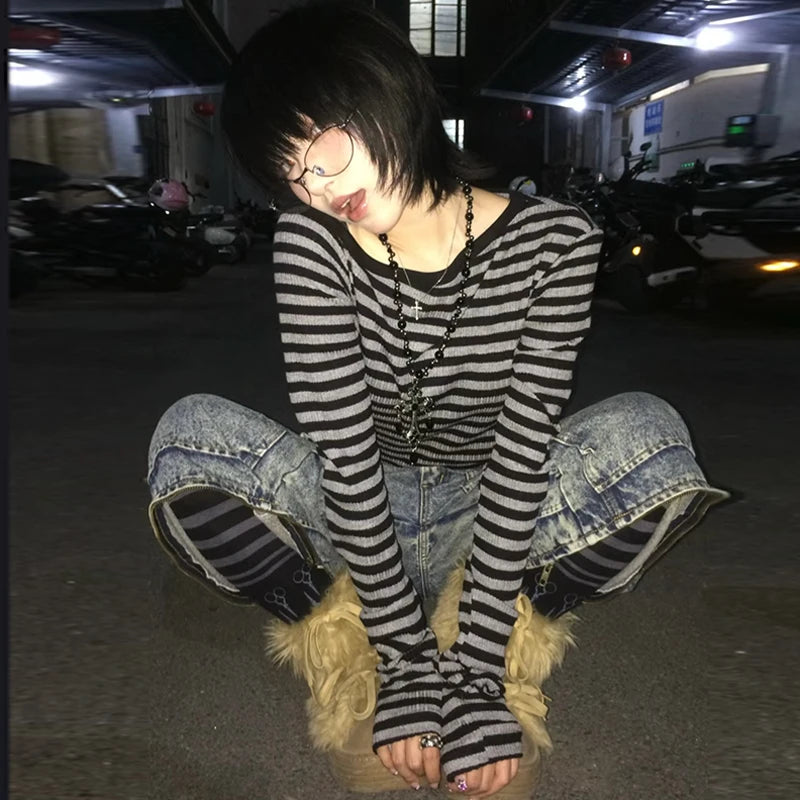 Genayooa Y2k T-shirt Women Long Sleeve Off Shoulder Striped Crop Tops Y2k Grunge 2000s Aesthetic Streetwear T Shirts