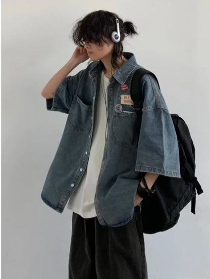 Harajuku Tooling Mens Sets 2024 Summer American Street Retro Denim Suit Hip Hop Printed Cowboy Shirt+Wide Leg Jeans 2-pcs New