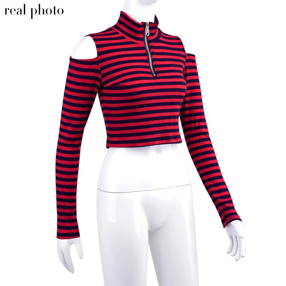 Grunge Striped Mall Gothic Basic T-shirts Punk E-girl Aesthetic Bodycon Casual Crop Tops Long Sleeve Open Shoulder Tee Gothic