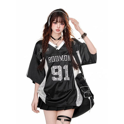Retro American Splice V-neck Hollow out Lace Short Sleeve T-shirt Women Summer Embroidered Loose Sports Silver Top