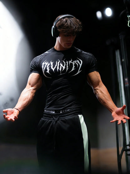 Men'S Athletic Fitness T-Shirt, Summer Quick-Dry Compression Shirt, Stylish Gothic Print Men'S Sports Top