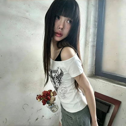 American Retro Fake Two Piece T-shirts Off Shoulder Short Sleeve Y2k Slim Fit Top Tee Skull Print Harajuku Streetwear 2026