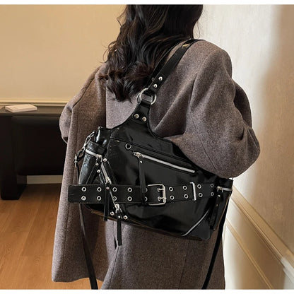 Fashionable Large Capacity Rivet Street Style Women's Tote Bag Shoulder Crossbody Bag Durable Polyester  Commuter Bag