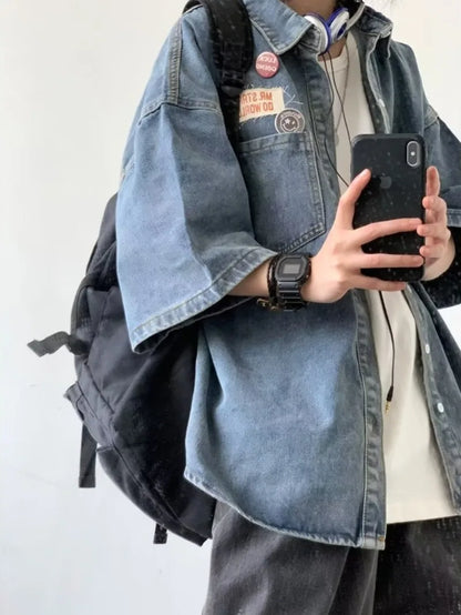 Harajuku Tooling Mens Sets 2024 Summer American Street Retro Denim Suit Hip Hop Printed Cowboy Shirt+Wide Leg Jeans 2-pcs New