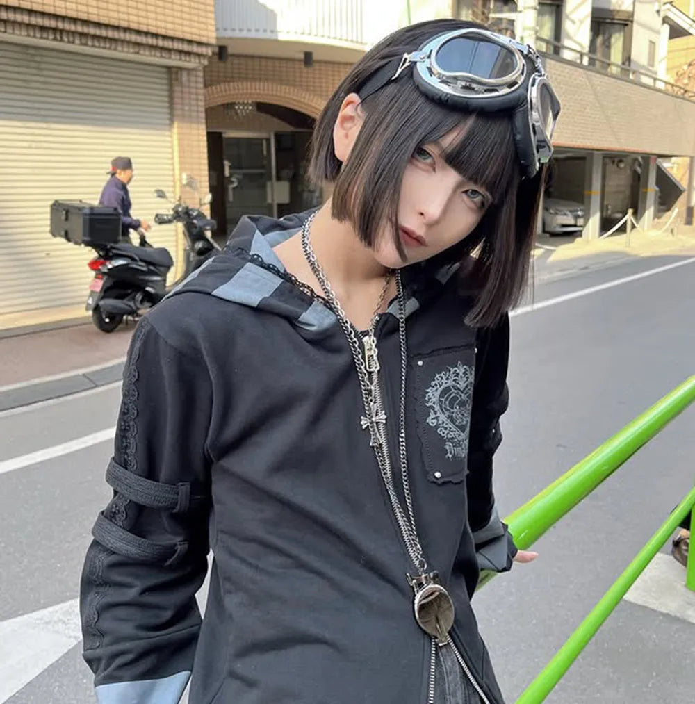 Japanese Harajuku Style Bow Sweet Cool Long-Ear Hooded Lace Trim Color-Block Zipper Long Cardigan Coat Gothic Hoodie Jacket