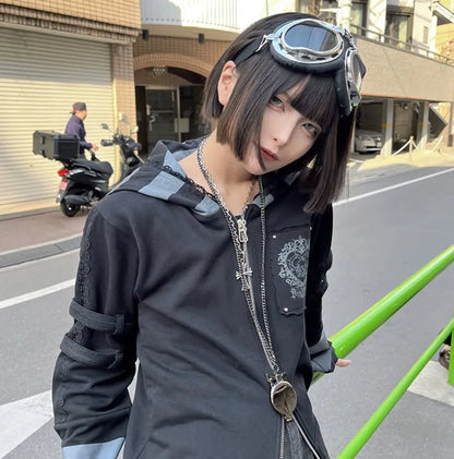 Japanese Harajuku Style Bow Sweet Cool Long-Ear Hooded Lace Trim Color-Block Zipper Long Cardigan Coat Gothic Hoodie Jacket