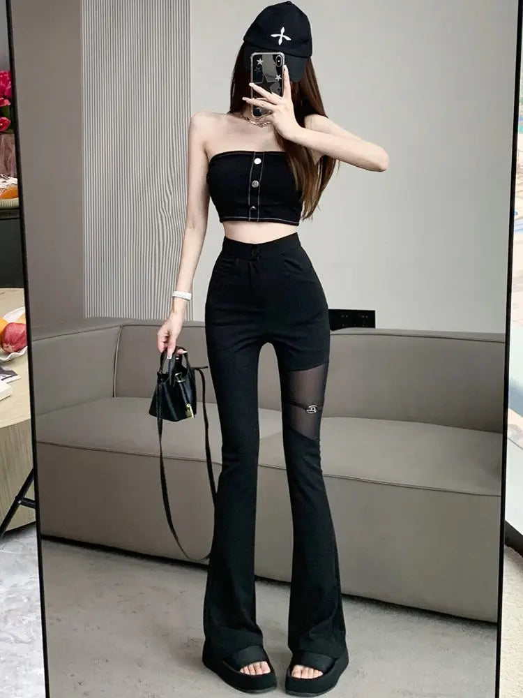 Sexy Black Mesh Patchwork High Waisted Flared Pants Chic Slim Women's Thin Trousers for Summer Korean Style