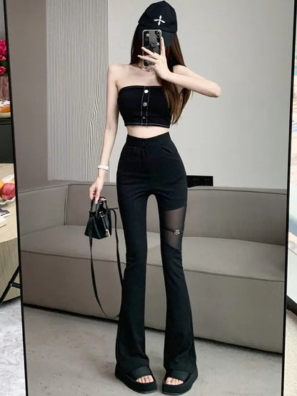 Sexy Black Mesh Patchwork High Waisted Flared Pants Chic Slim Women's Thin Trousers for Summer Korean Style