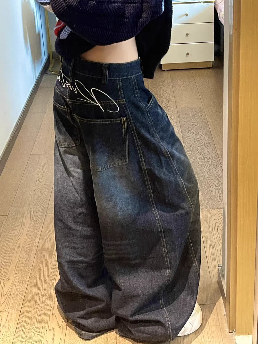 Casual Women's Y2K Loose Baggy Jeans Blue Washed High Street Vintage Cargo - APEX RITUAL women's jeans